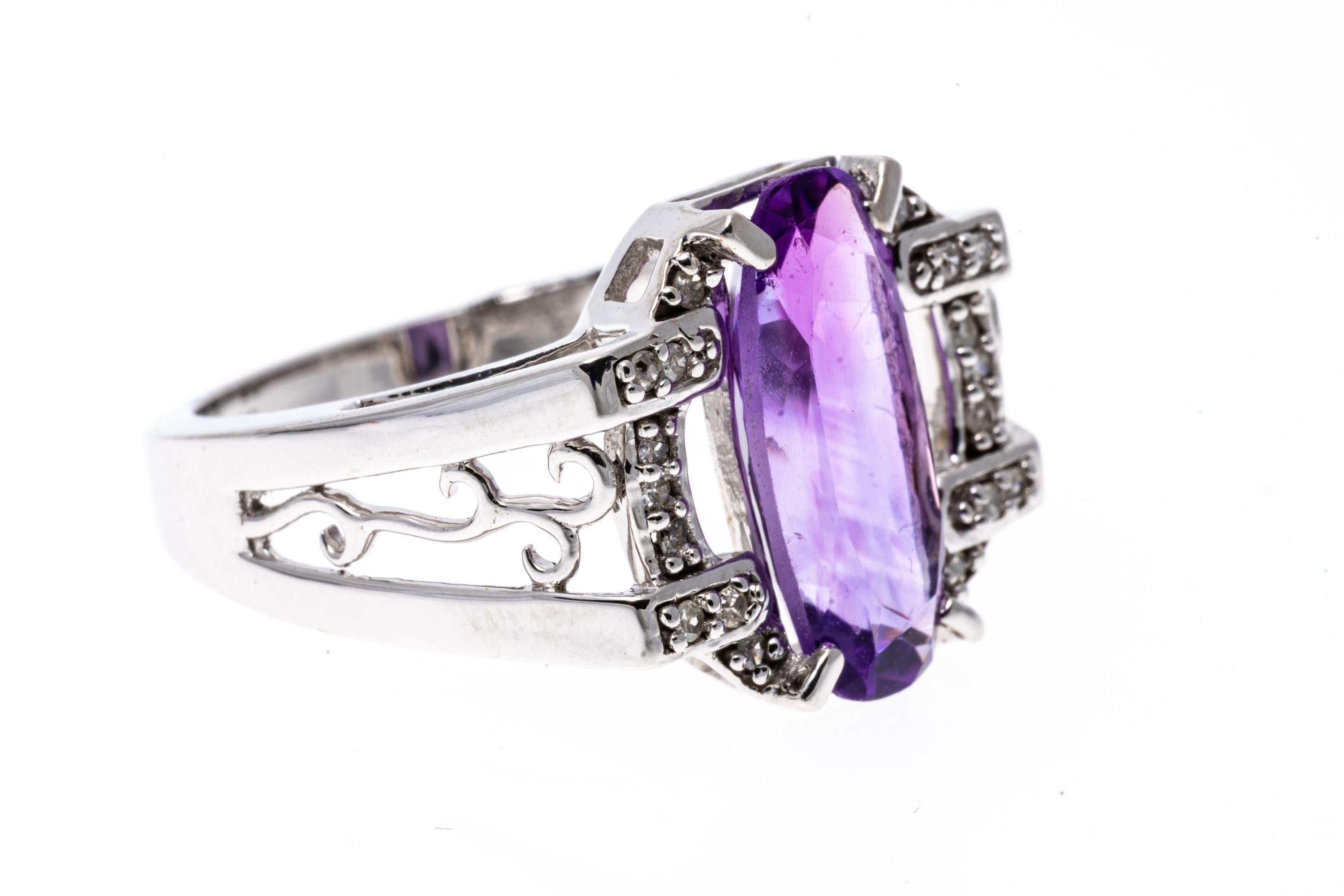 Oval Cut 14k White Gold Elongated Oval Amethyst and Diamond Architectural Style Ring For Sale