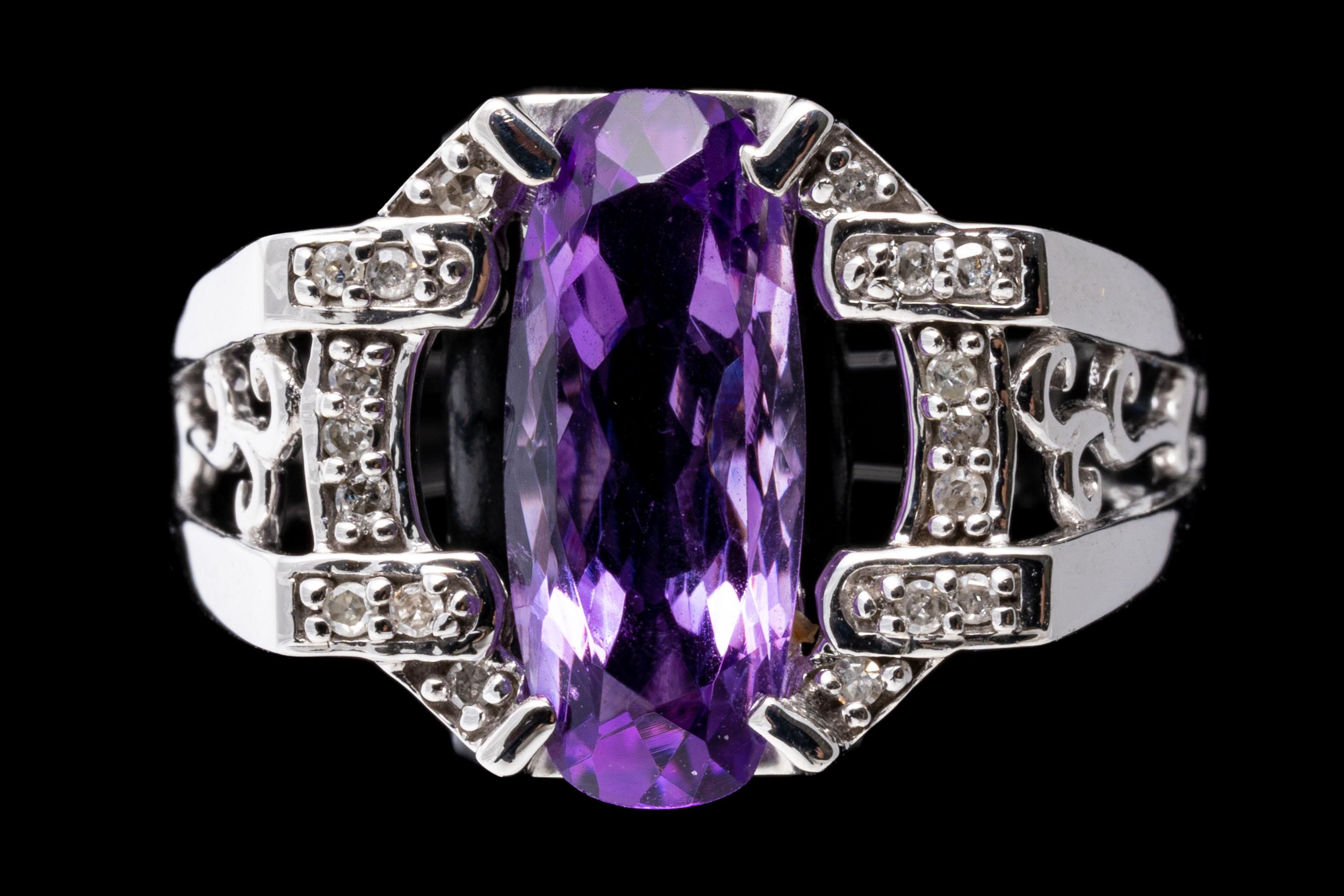 14k White Gold Elongated Oval Amethyst and Diamond Architectural Style Ring For Sale 1