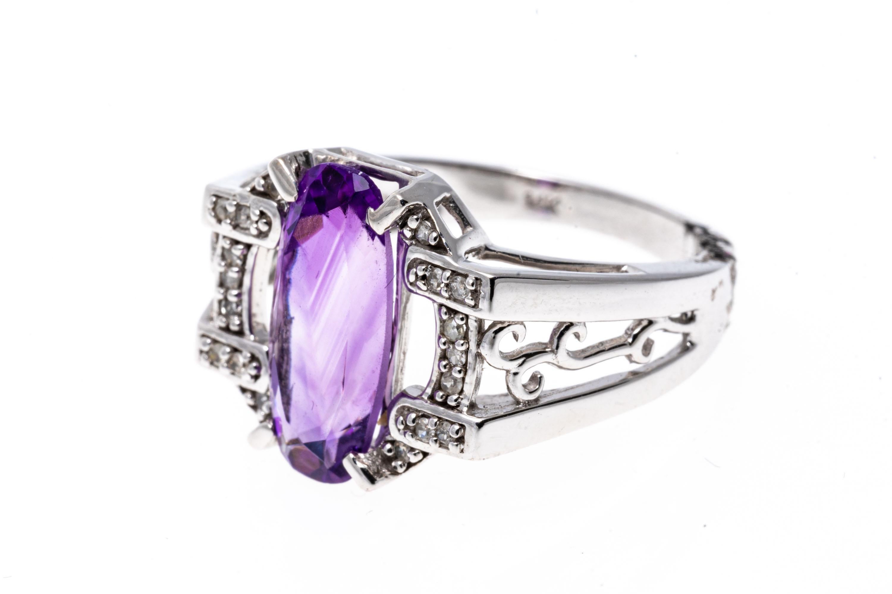 14k White Gold Elongated Oval Amethyst and Diamond Architectural Style Ring For Sale 2
