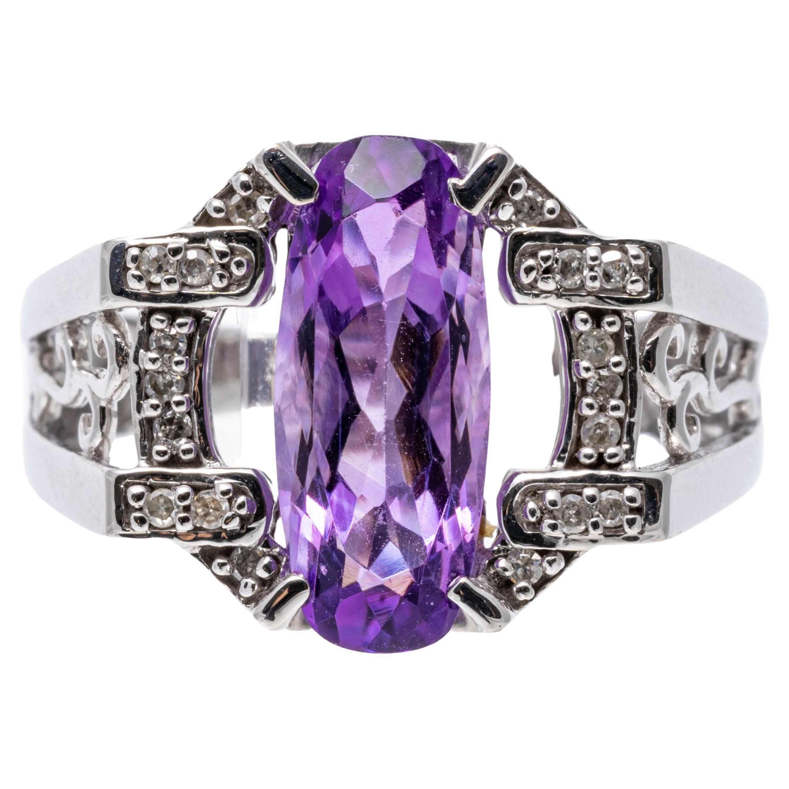14k White Gold Elongated Oval Amethyst and Diamond Architectural Style Ring