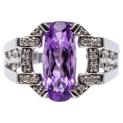 Vintage 14k White Gold Elongated Oval Amethyst and Diamond Architectural Style Ring