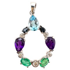 14k White Gold Emerald, Amethyst, Diamond Aquamarine, Sapphire Pendant