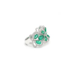 Statement Emerald and Diamond Cocktail Ring in 14k Solid White Gold Jewelry