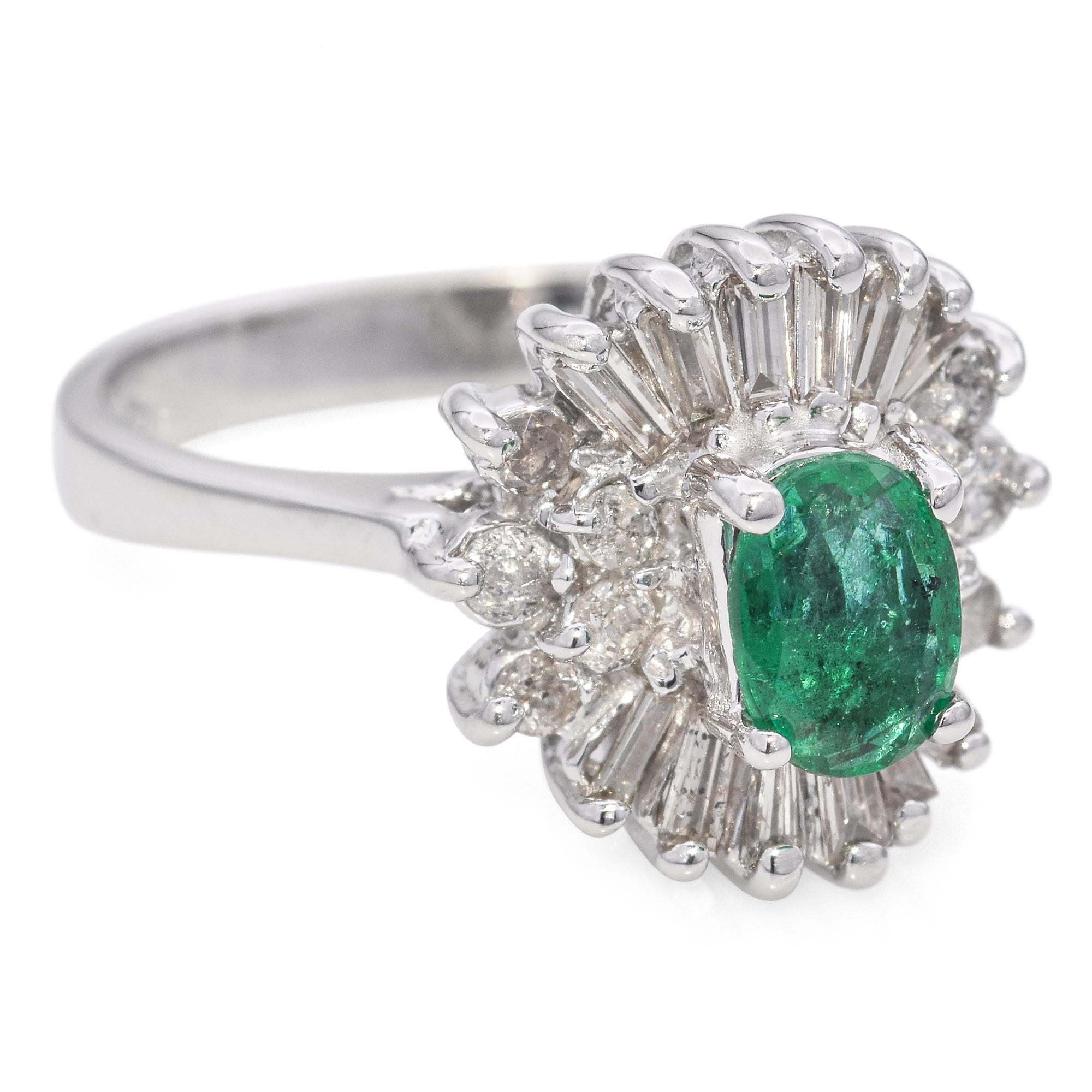 Women's 14k White Gold Emerald and Diamond Cocktail Ring For Sale
