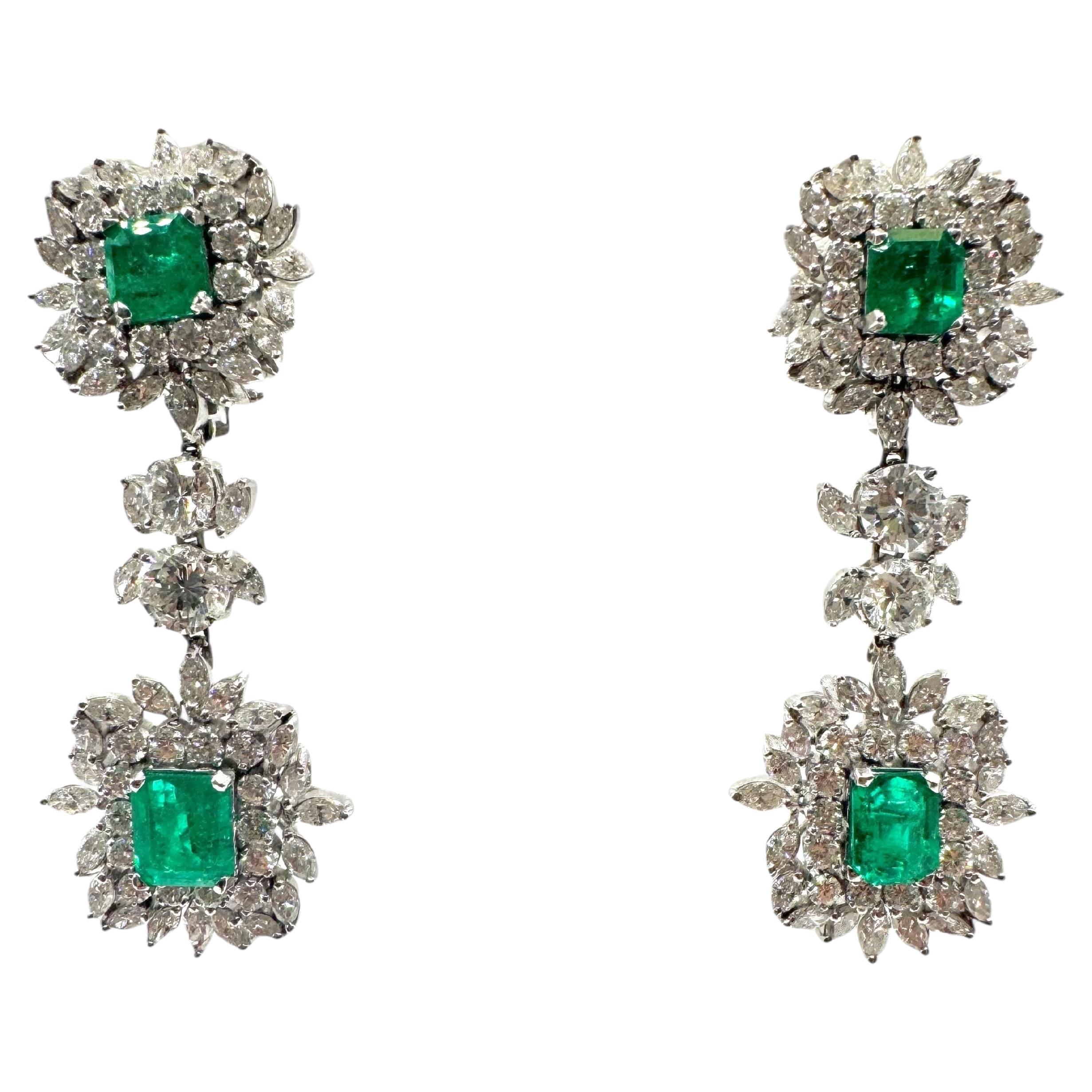 14K White Gold Emerald and Diamond Double Drop Earrings