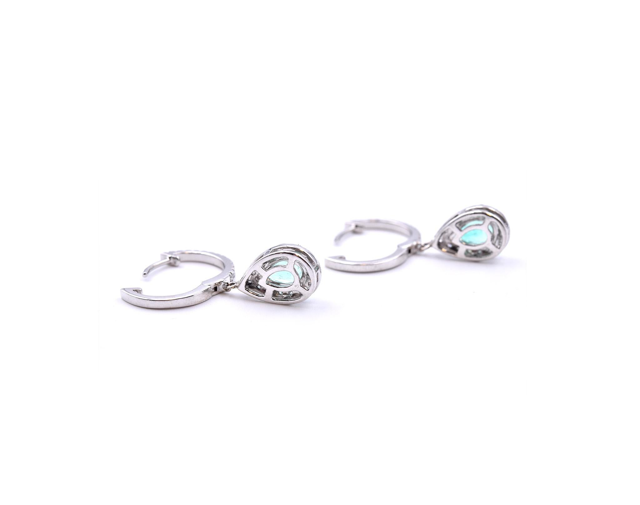 Women's 14 Karat White Gold Emerald and Diamond Drop Earrings For Sale