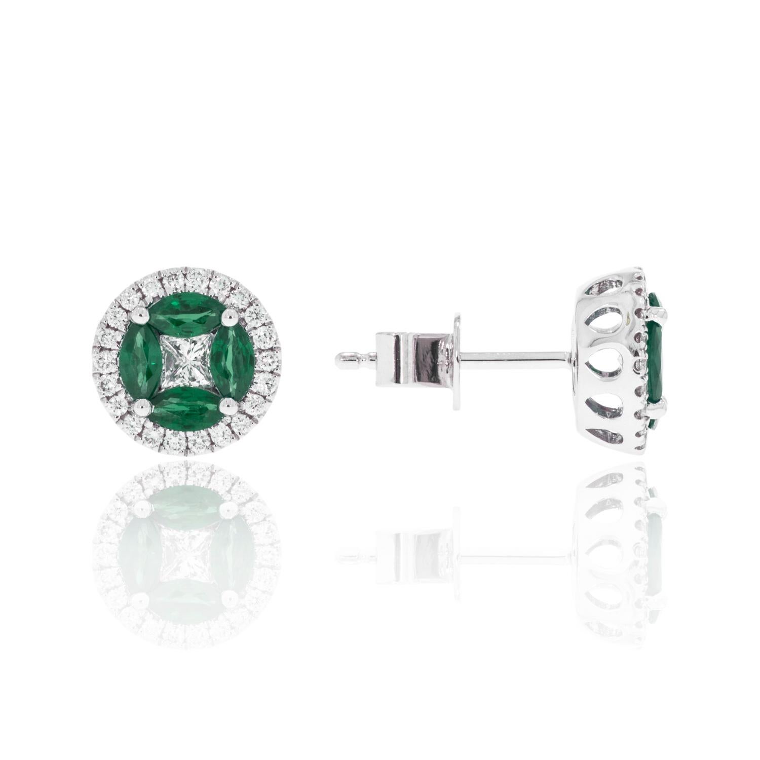 Round Cut 14K White Gold Emerald and Diamond Earrings For Sale