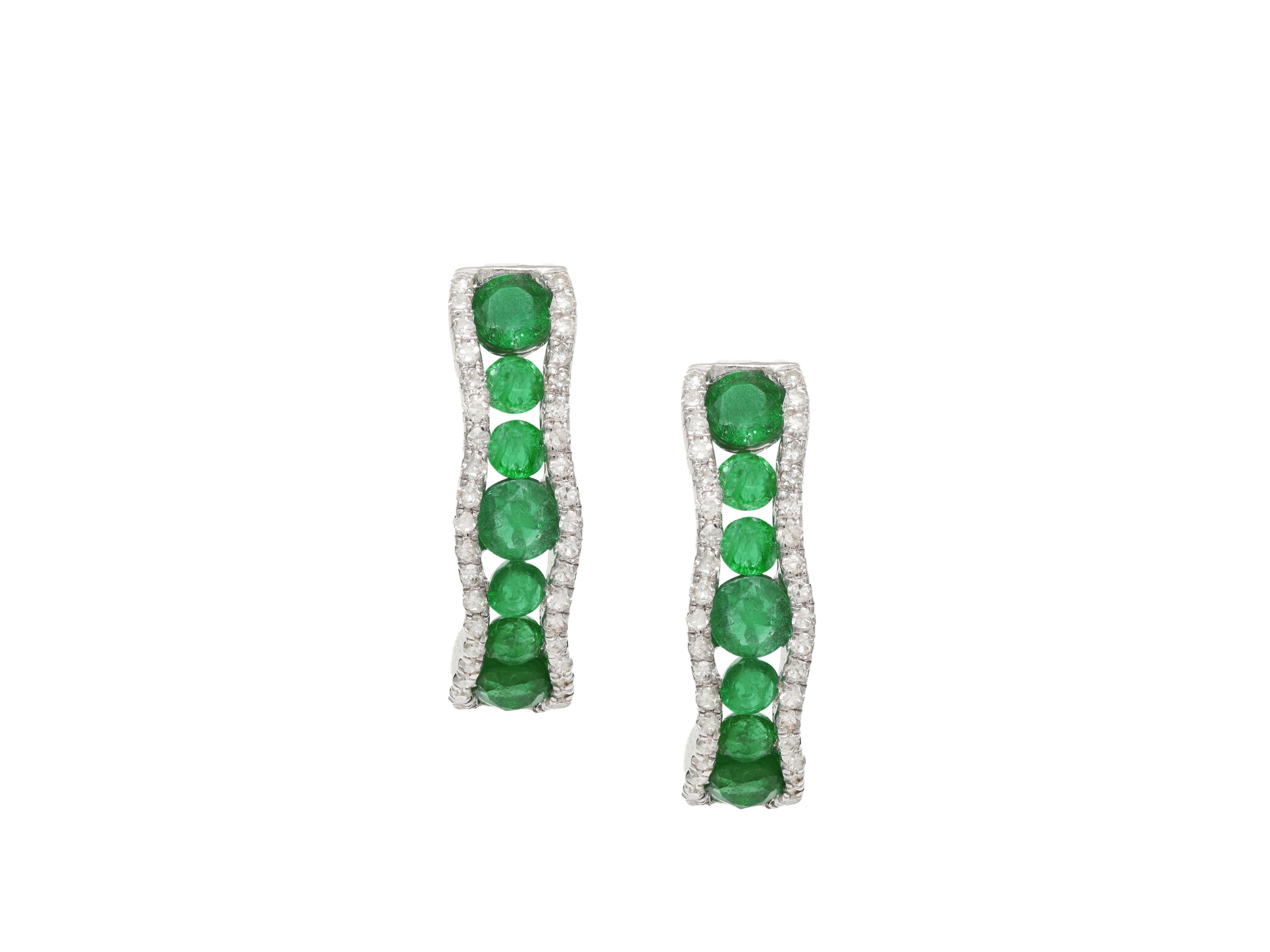 Round Cut 14K White Gold Emerald and Diamond Earrings