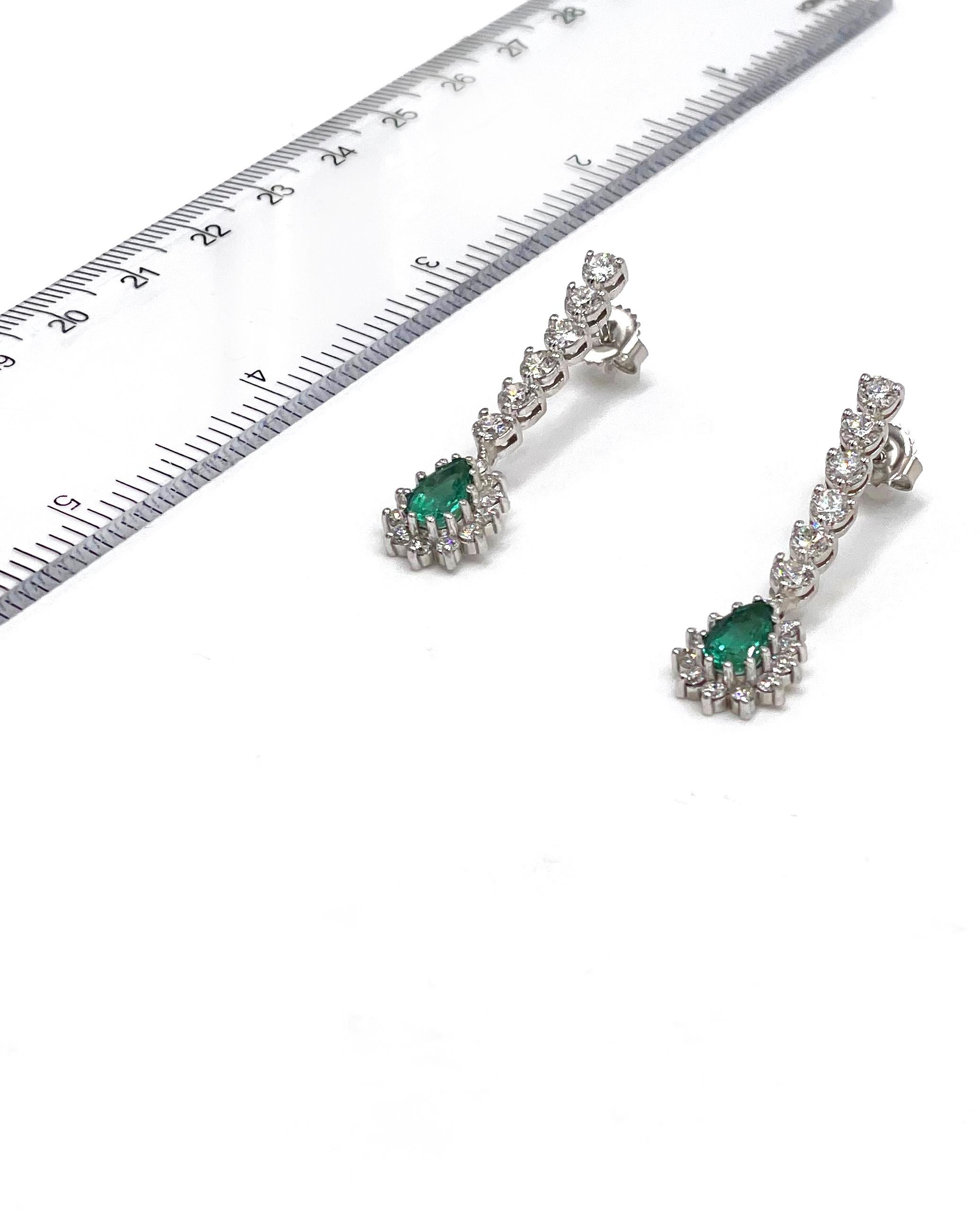 Contemporary 14k White Gold Emerald and Diamond Earrings For Sale