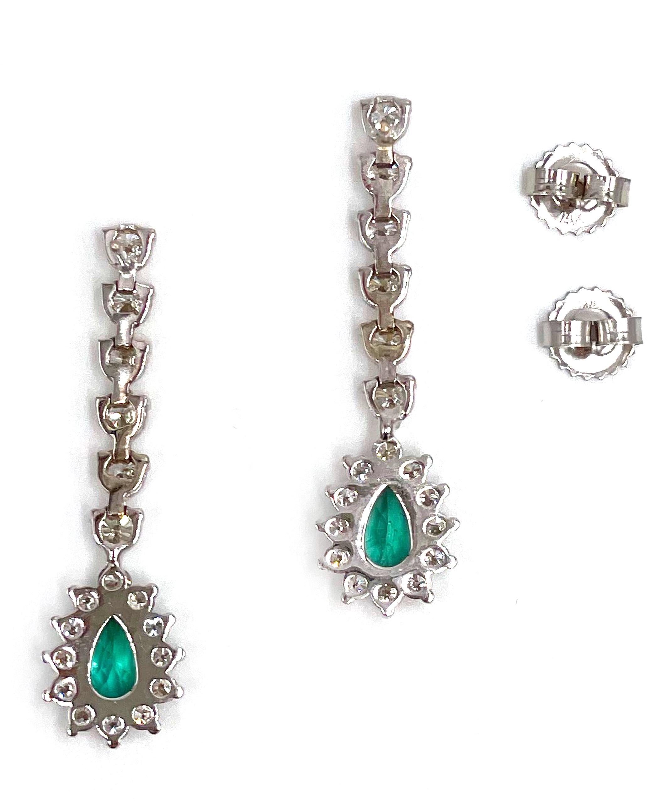 Pear Cut 14k White Gold Emerald and Diamond Earrings For Sale