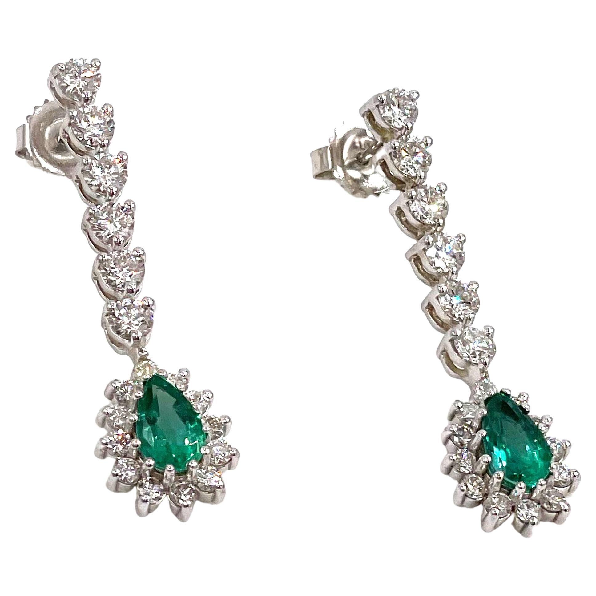 14k White Gold Emerald and Diamond Earrings For Sale
