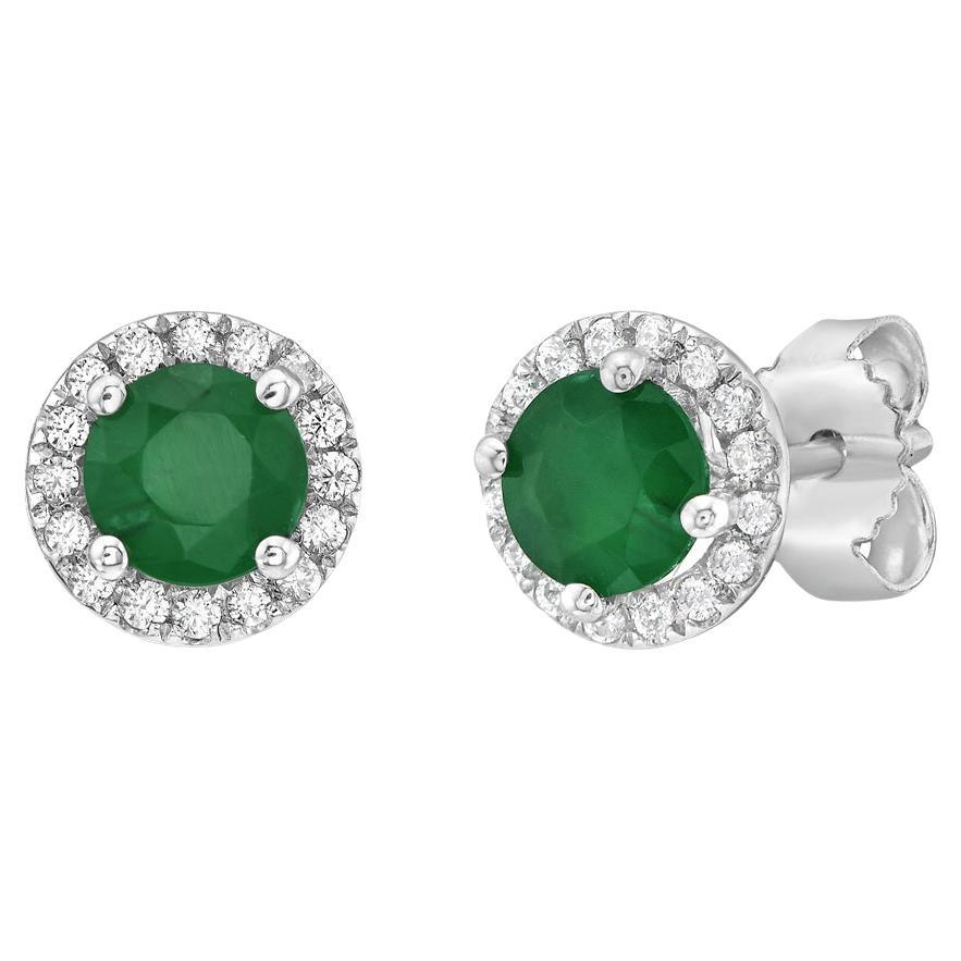 14K White Gold Emerald and Diamond Halo Martini Stud Earrings For Sale