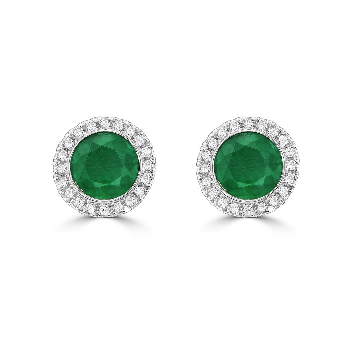 Round Cut 14K White Gold Emerald and Diamond Halo Stud Earrings For Sale