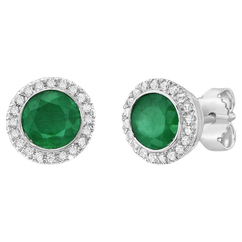 14K White Gold Emerald and Diamond Halo Stud Earrings For Sale