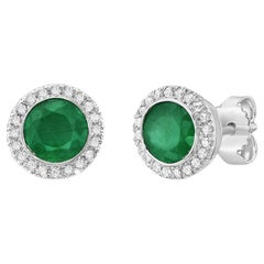 14K White Gold Emerald and Diamond Halo Stud Earrings