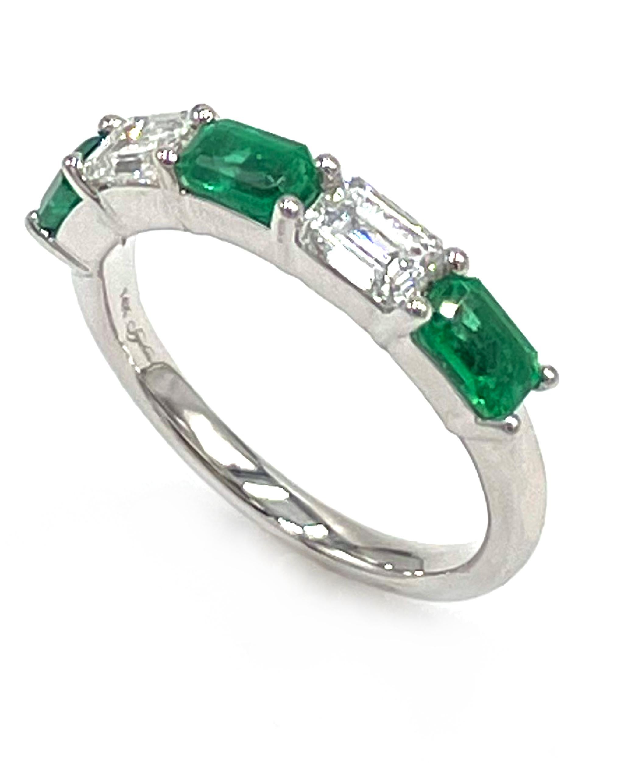 14K white gold ring with alternating emerald and diamond pattern.  The ring is set shared prong style with 3 emerald cut emeralds weighing 0.87 carats total and 2 emerald cut diamonds weighing 0.70 carats total. 

* The diamonds are F color, VVS