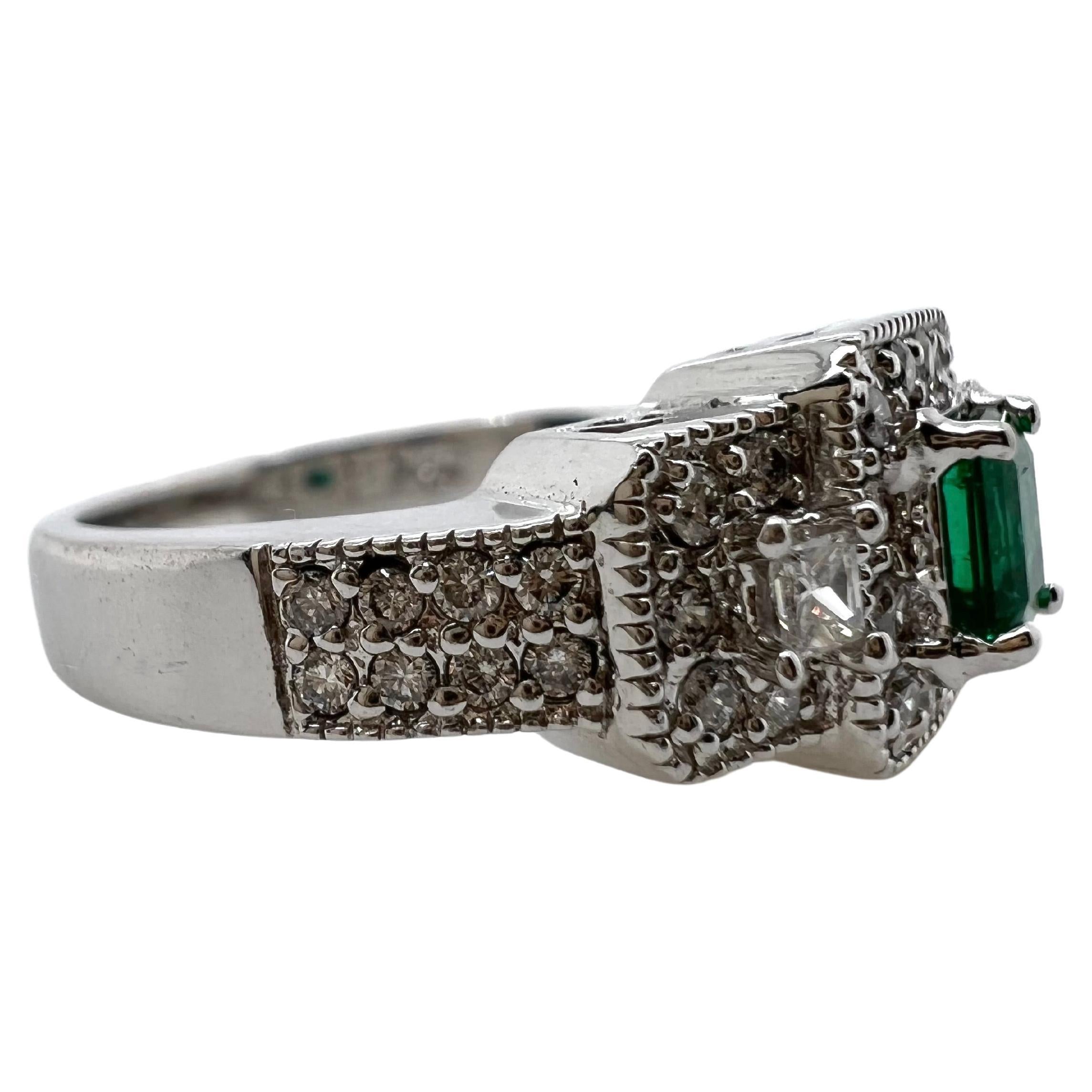 Emerald Cut 14k White Gold Emerald and Diamond Ring For Sale