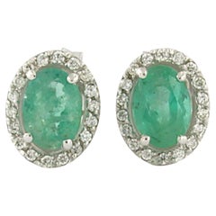 14k White Gold Emerald and Diamond Stud Earrings, 1.62ct Total Weight