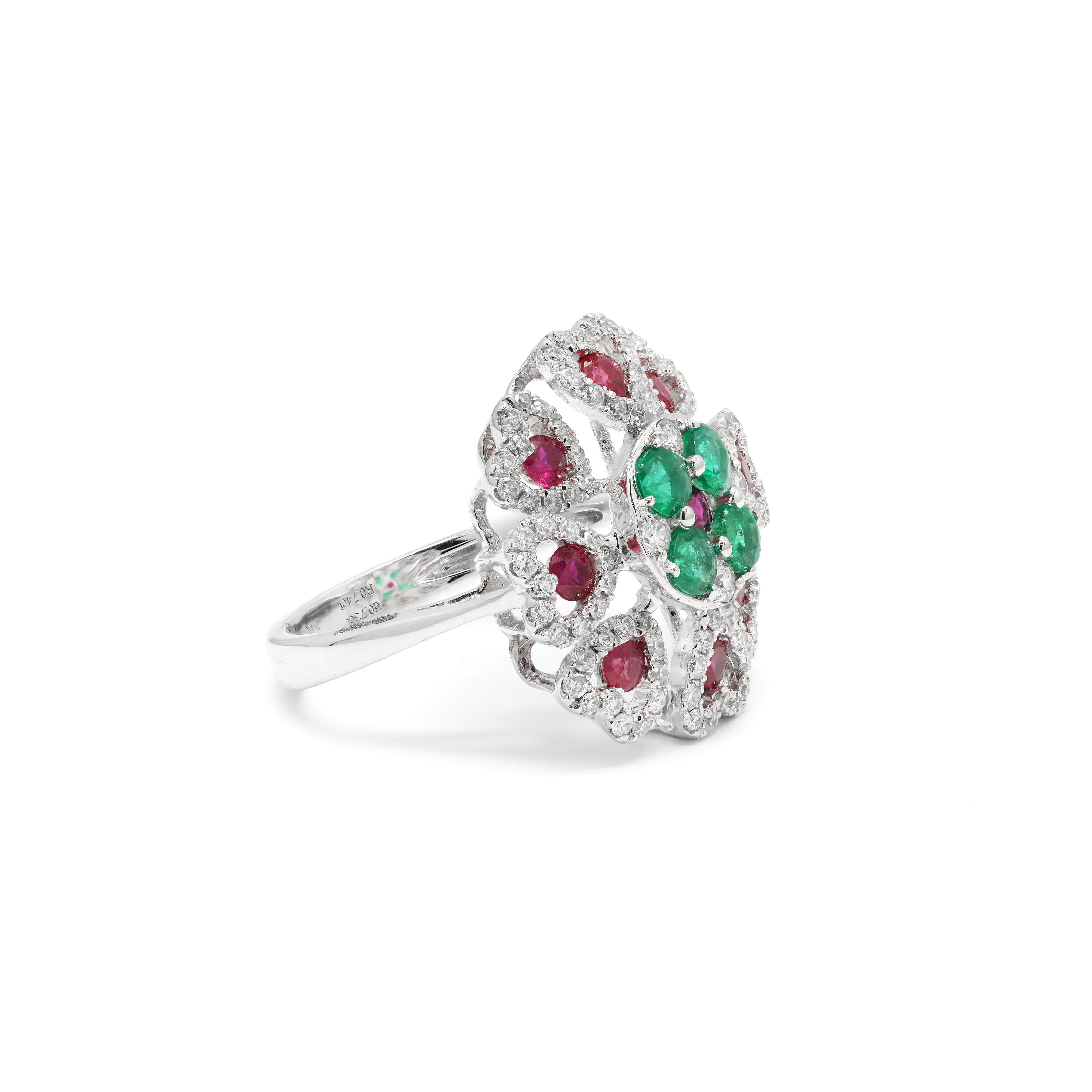 For Sale:  14K White Gold Emerald and Ruby Floral Cocktail Ring with Diamonds 2