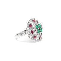 14K White Gold Emerald and Ruby Floral Cocktail Ring with Diamonds