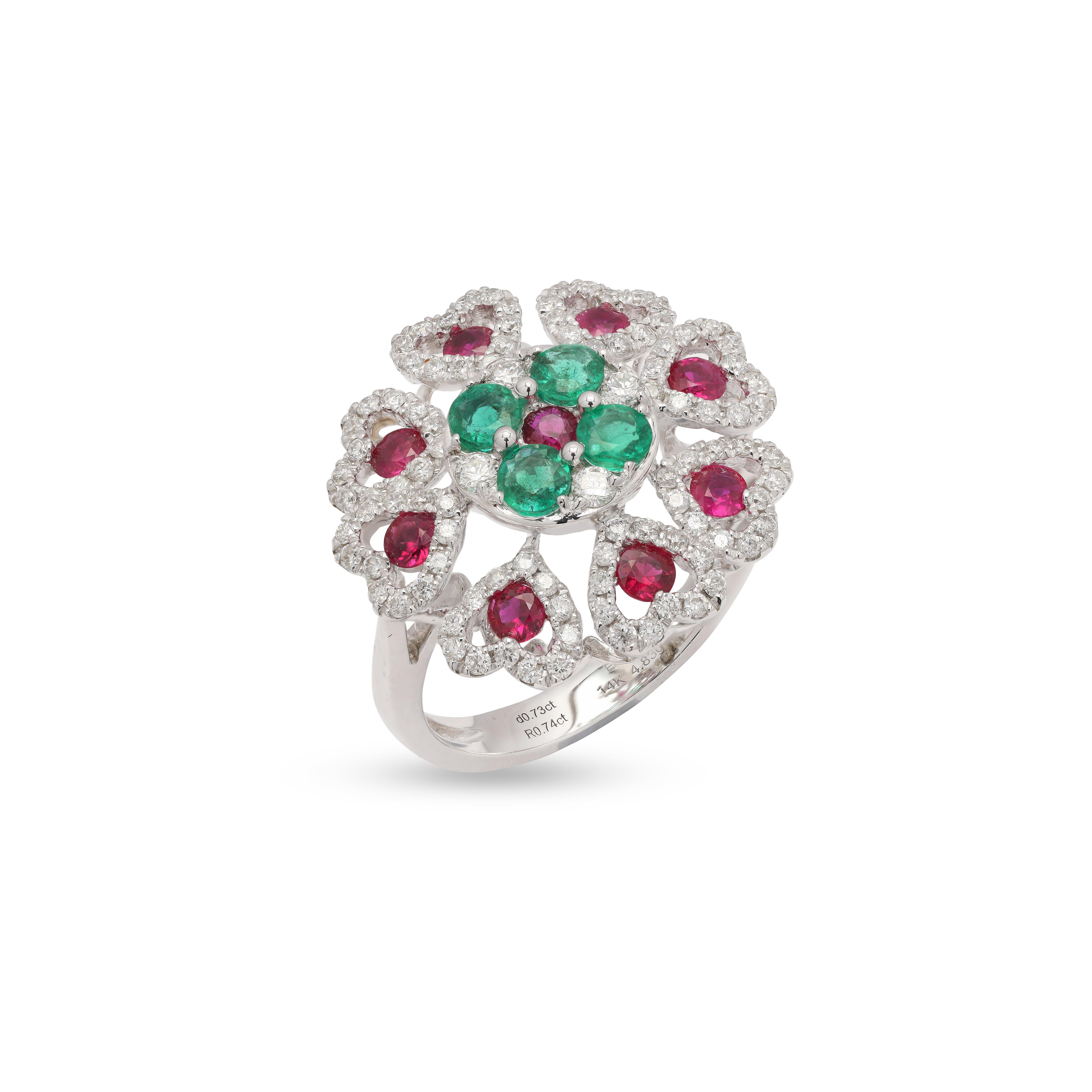 For Sale:  14K White Gold Emerald and Ruby Floral Cocktail Ring with Diamonds 3