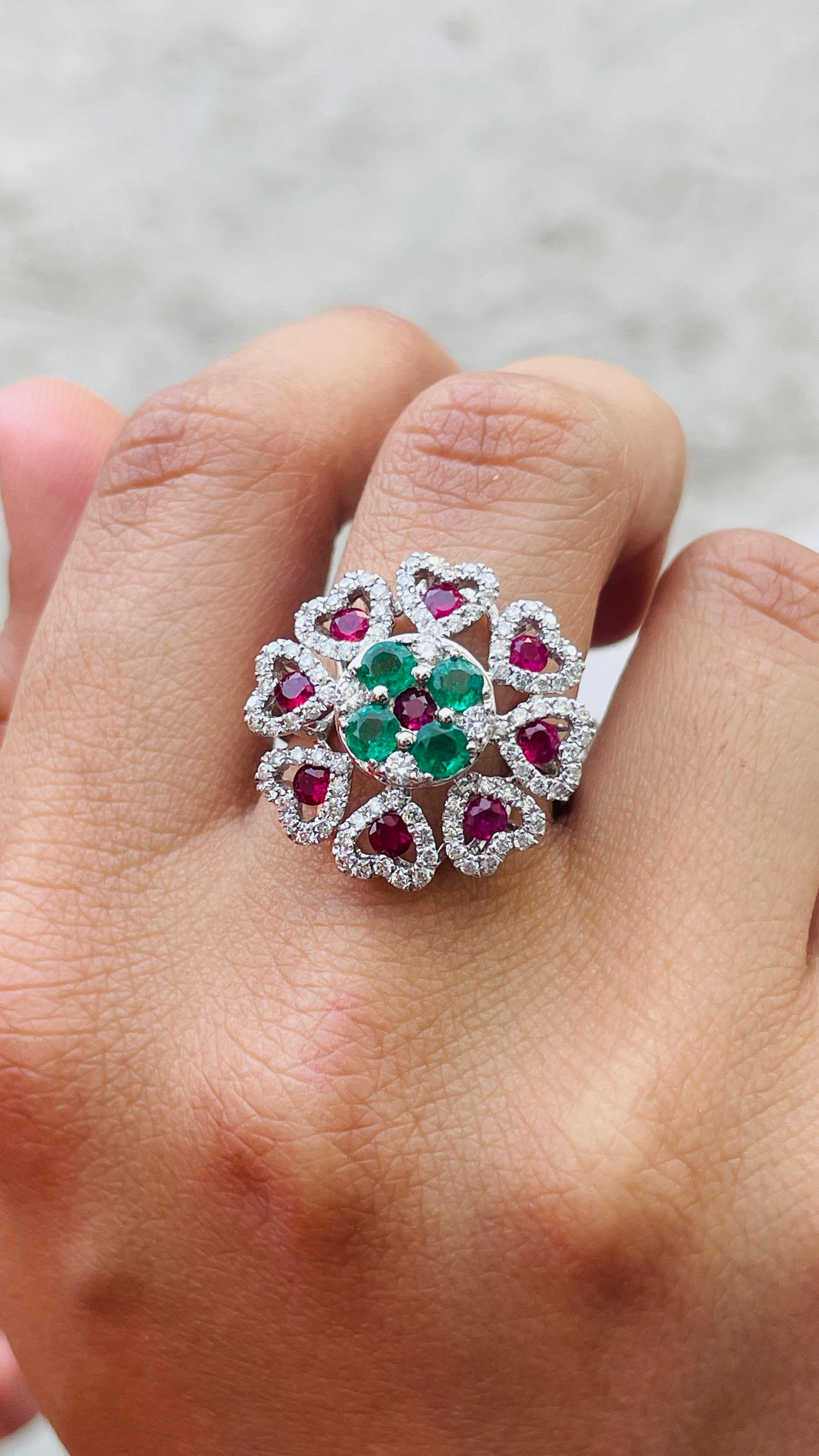 For Sale:  14K White Gold Emerald and Ruby Floral Cocktail Ring with Diamonds 4