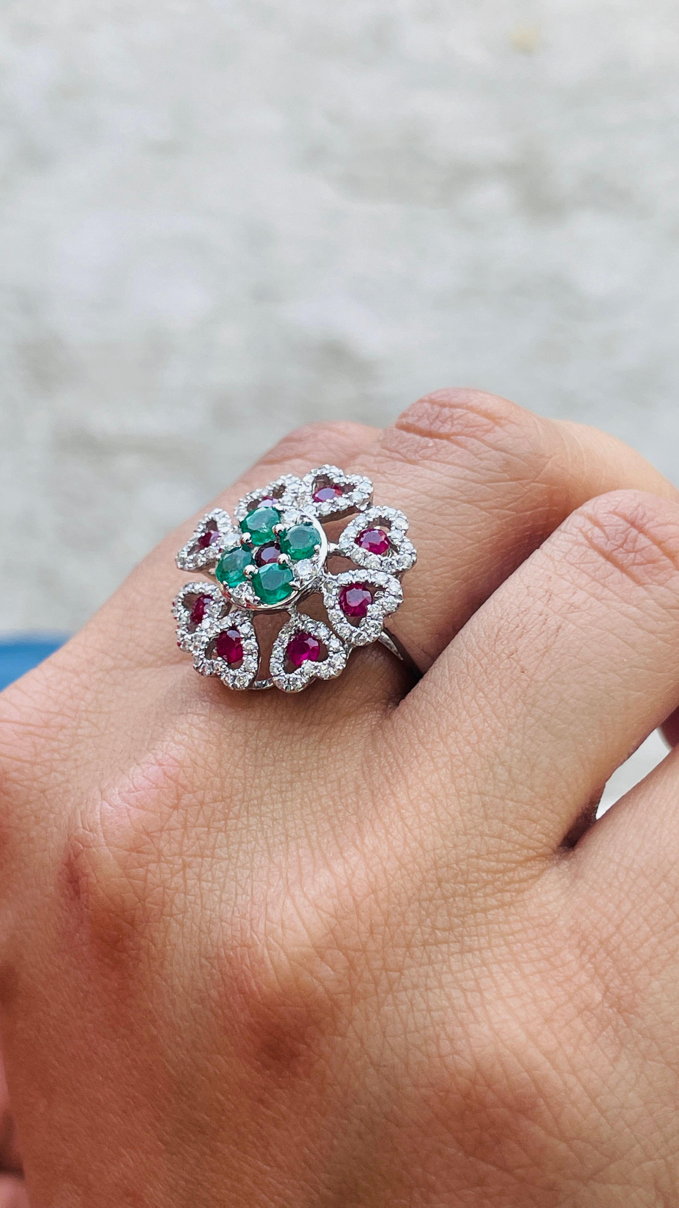 For Sale:  14K White Gold Emerald and Ruby Floral Cocktail Ring with Diamonds 5