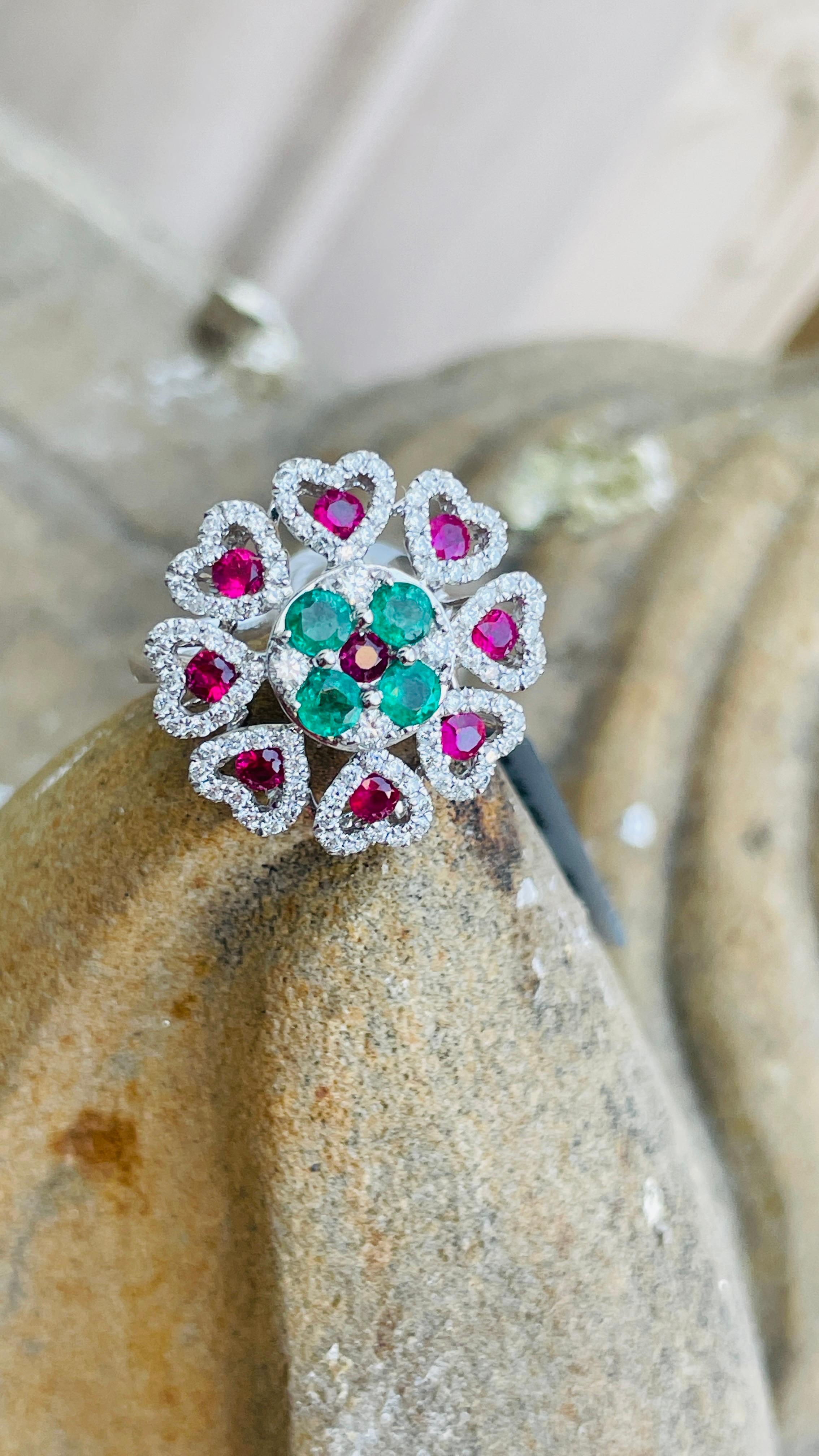 For Sale:  14K White Gold Emerald and Ruby Floral Cocktail Ring with Diamonds 6