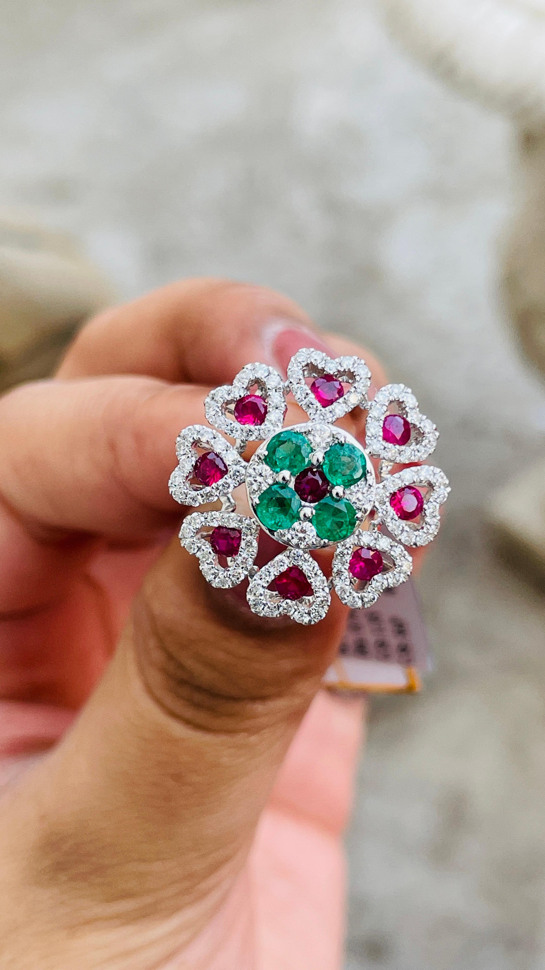For Sale:  14K White Gold Emerald and Ruby Floral Cocktail Ring with Diamonds 7