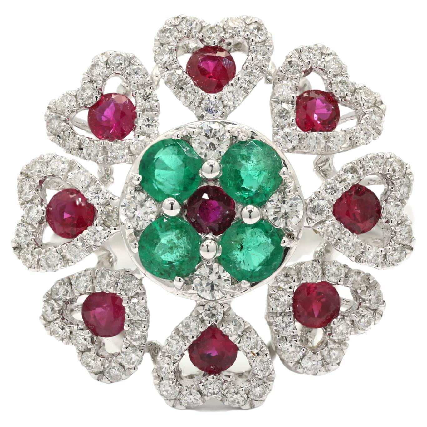For Sale:  14K White Gold Emerald and Ruby Floral Cocktail Ring with Diamonds
