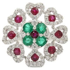 14K White Gold Emerald and Ruby Floral Cocktail Ring with Diamonds