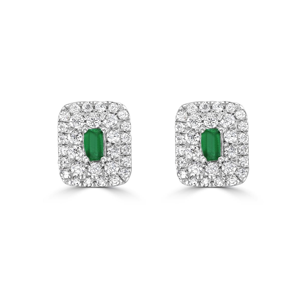 Indulge in luxury with our Emerald Baguette and Diamond Double Halo Stud Earrings. Featuring stunning baguette-cut emeralds, these emerald stud earrings exude sophistication and exclusivity. The dazzling double halo design with accompanying diamonds