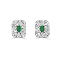 14K White Gold Emerald Baguette and Diamond Double Halo Stud Earrings