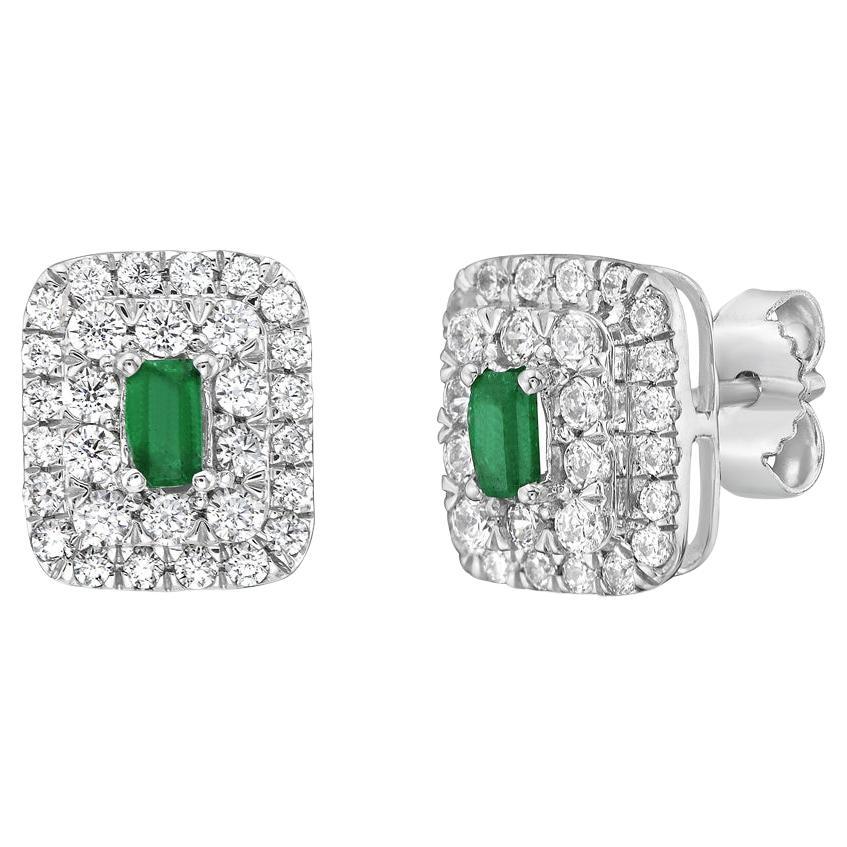 14K White Gold Emerald Baguette and Diamond Double Halo Stud Earrings For Sale