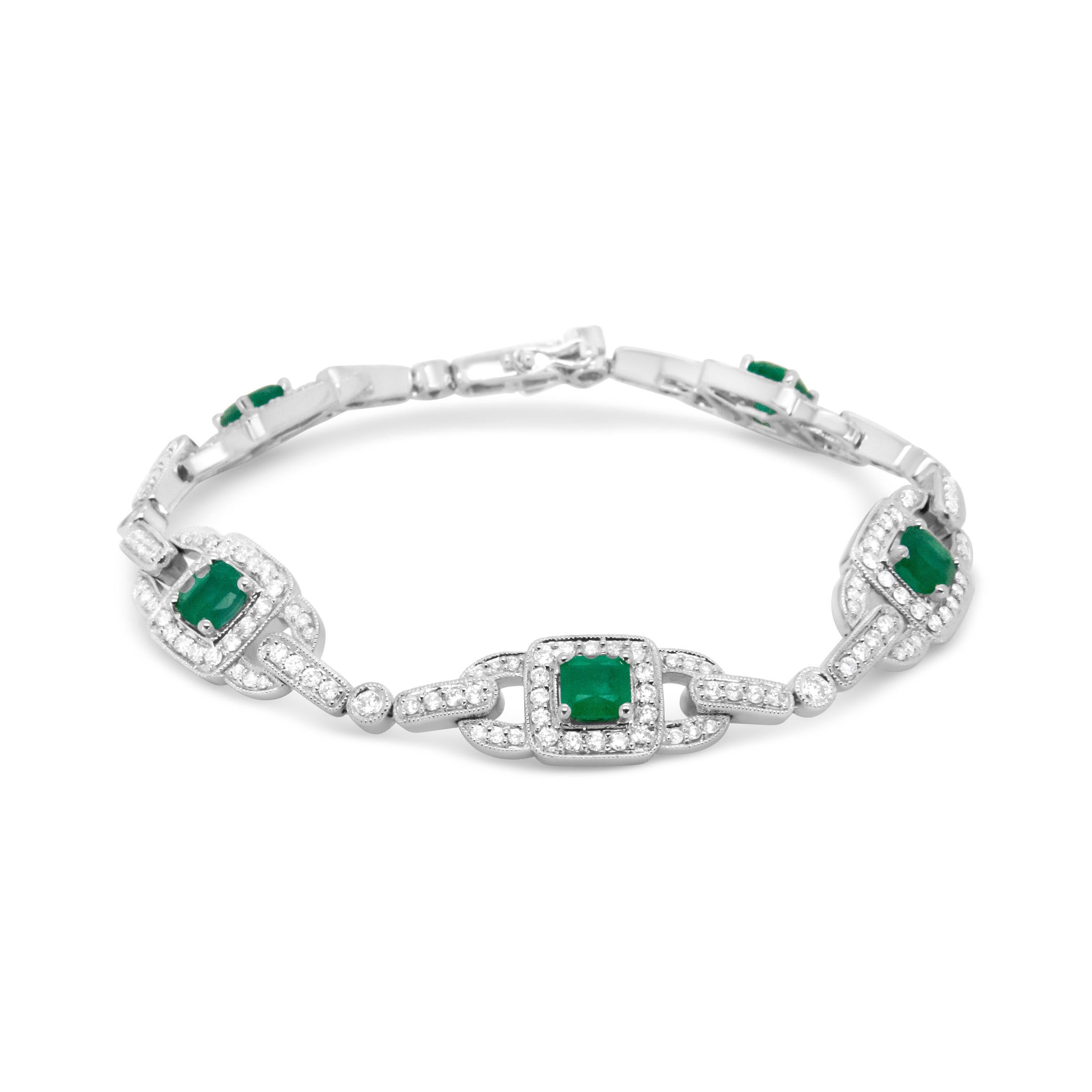 Contemporary 14K White Gold Emerald Cushion Cut and 2.0 Carat Round Diamond Link Bracelet