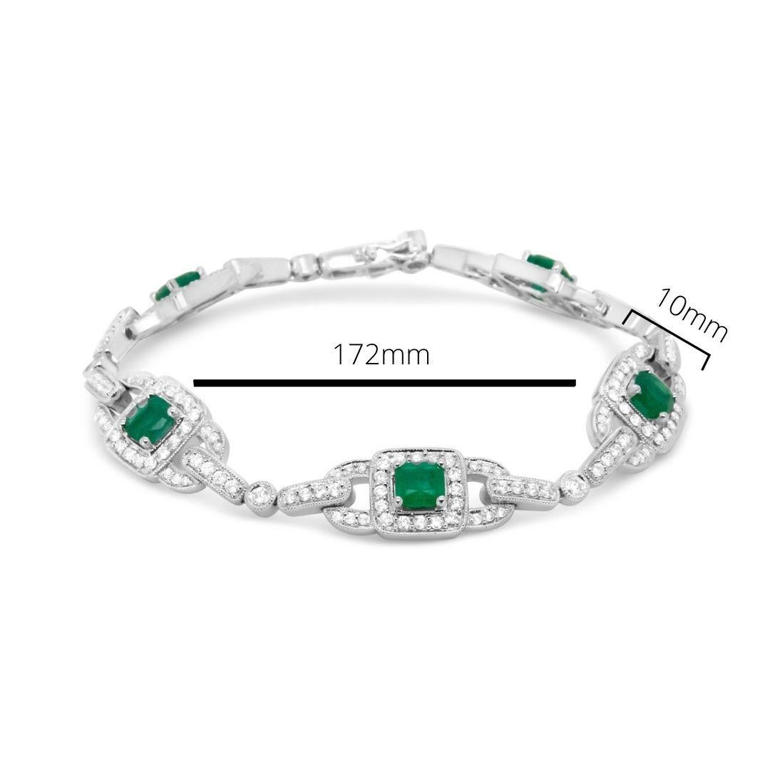 Women's 14K White Gold Emerald Cushion Cut and 2.0 Carat Round Diamond Link Bracelet
