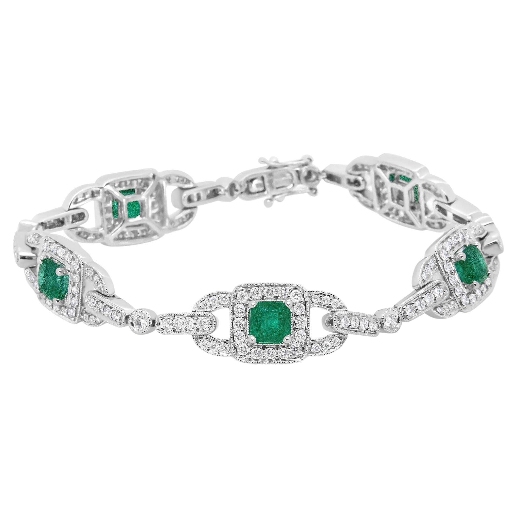 14K White Gold Emerald Cushion Cut and 2.0 Carat Round Diamond Link Bracelet