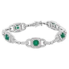 14K White Gold Emerald Cushion Cut and 2.0 Carat Round Diamond Link Bracelet