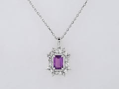 14K White Gold Emerald-Cut Amethyst and Diamond Starburst Halo Pendant Necklace