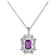 14K White Gold Emerald-Cut Amethyst and Diamond Starburst Halo Pendant Necklace