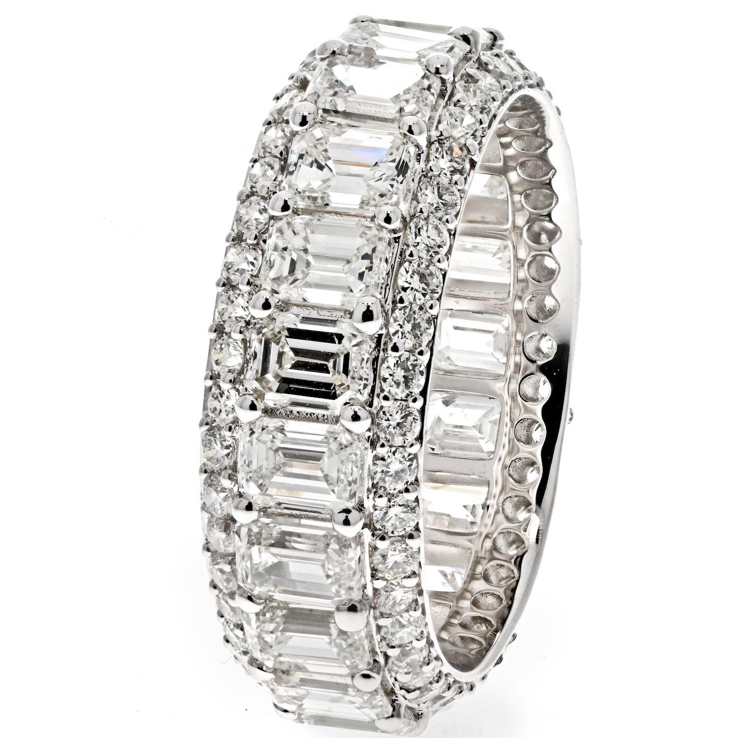 Modern 14k White Gold Emerald Cut and Round Cut Diamond Eternity Eternity Band For Sale