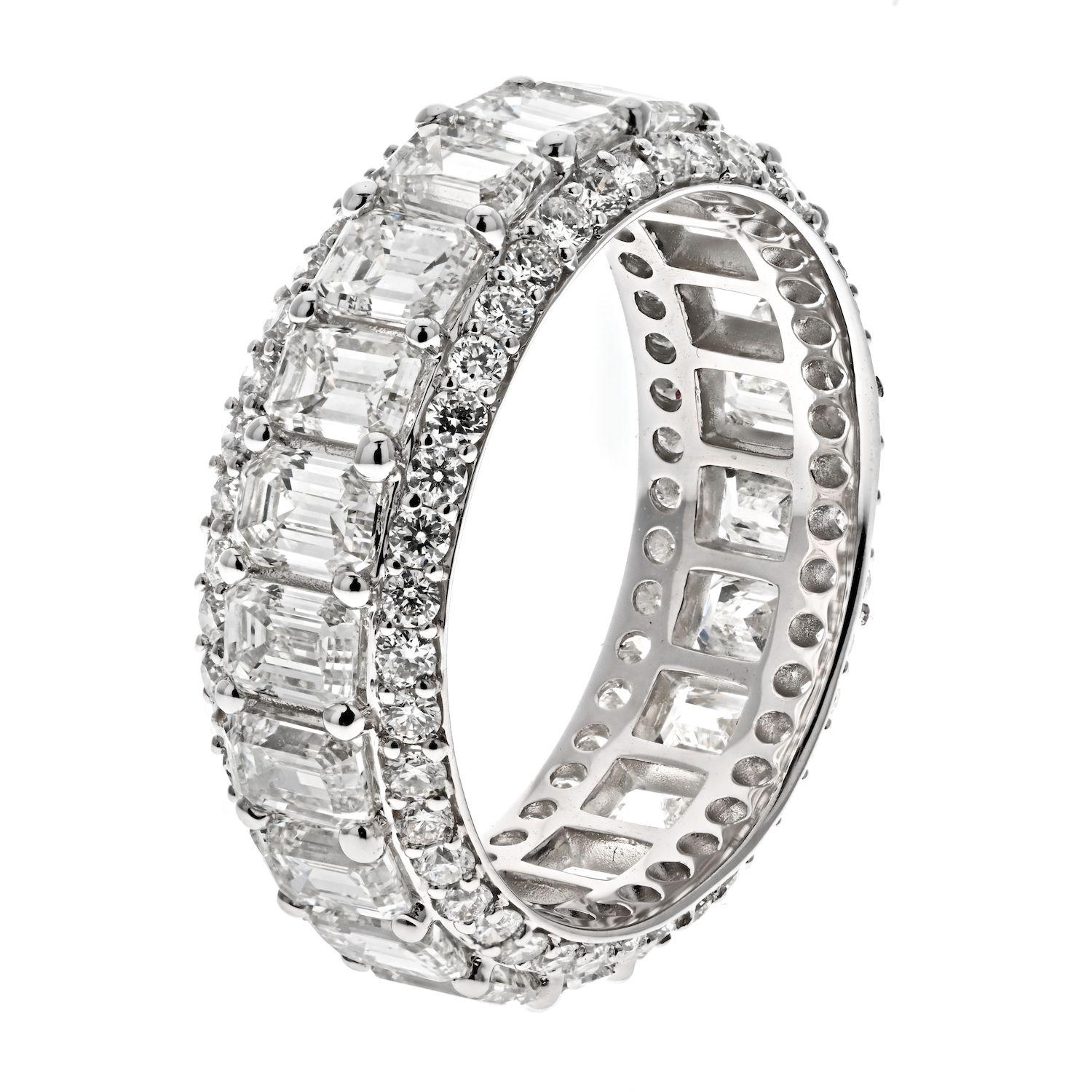 Women's 14k White Gold Emerald Cut and Round Cut Diamond Eternity Eternity Band For Sale