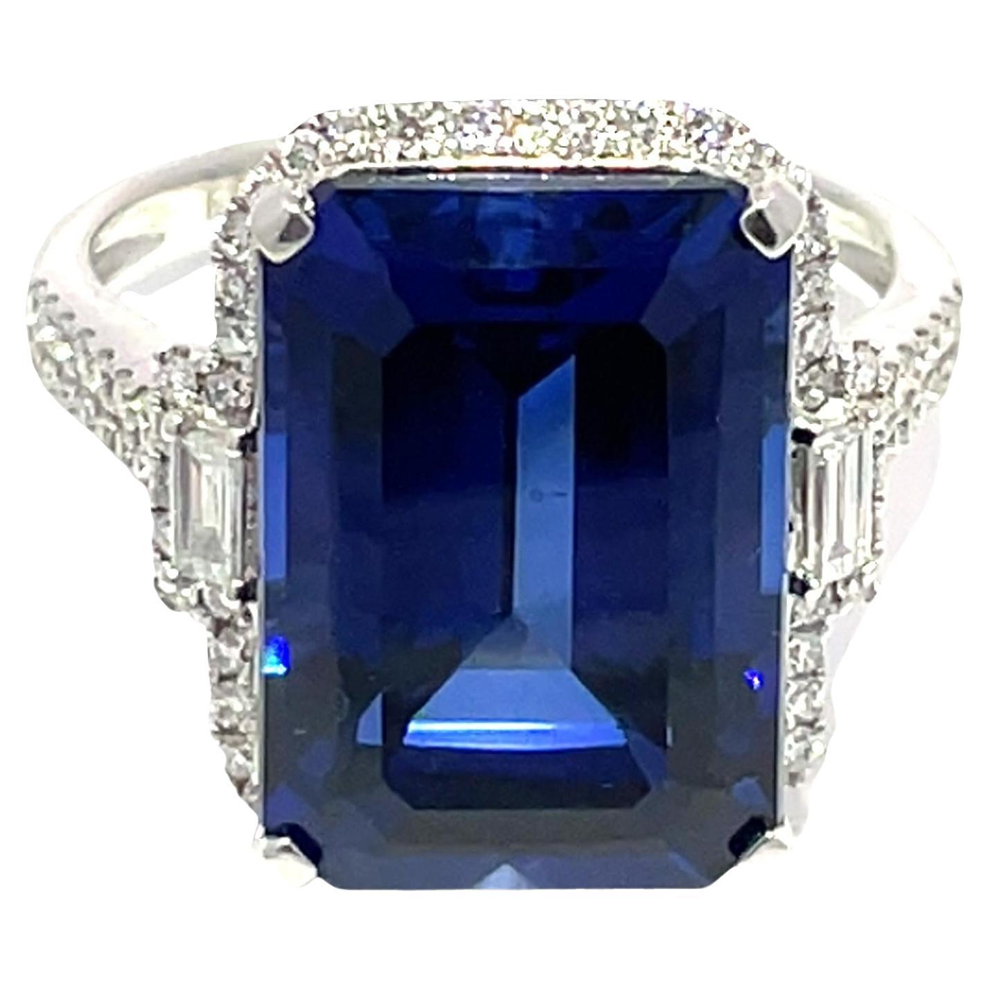 14K White Gold Emerald-Cut Blue Sapphire 
Diamond Ring