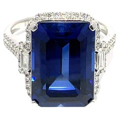14K White Gold Emerald-Cut Blue Sapphire 
Diamond Ring