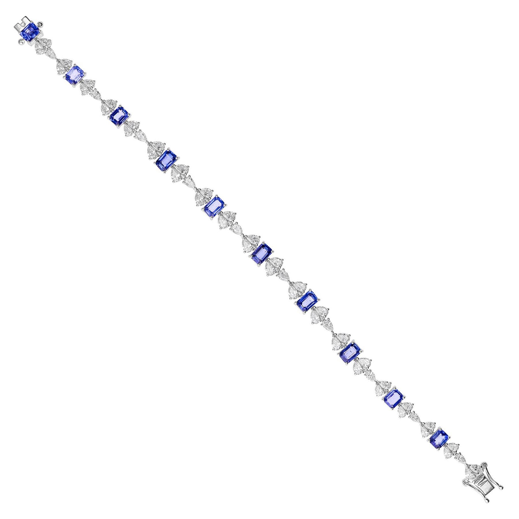 14K Weißgold Smaragdschliff Blauer Saphir 
Diamant Tennisarmband "7 Zoll