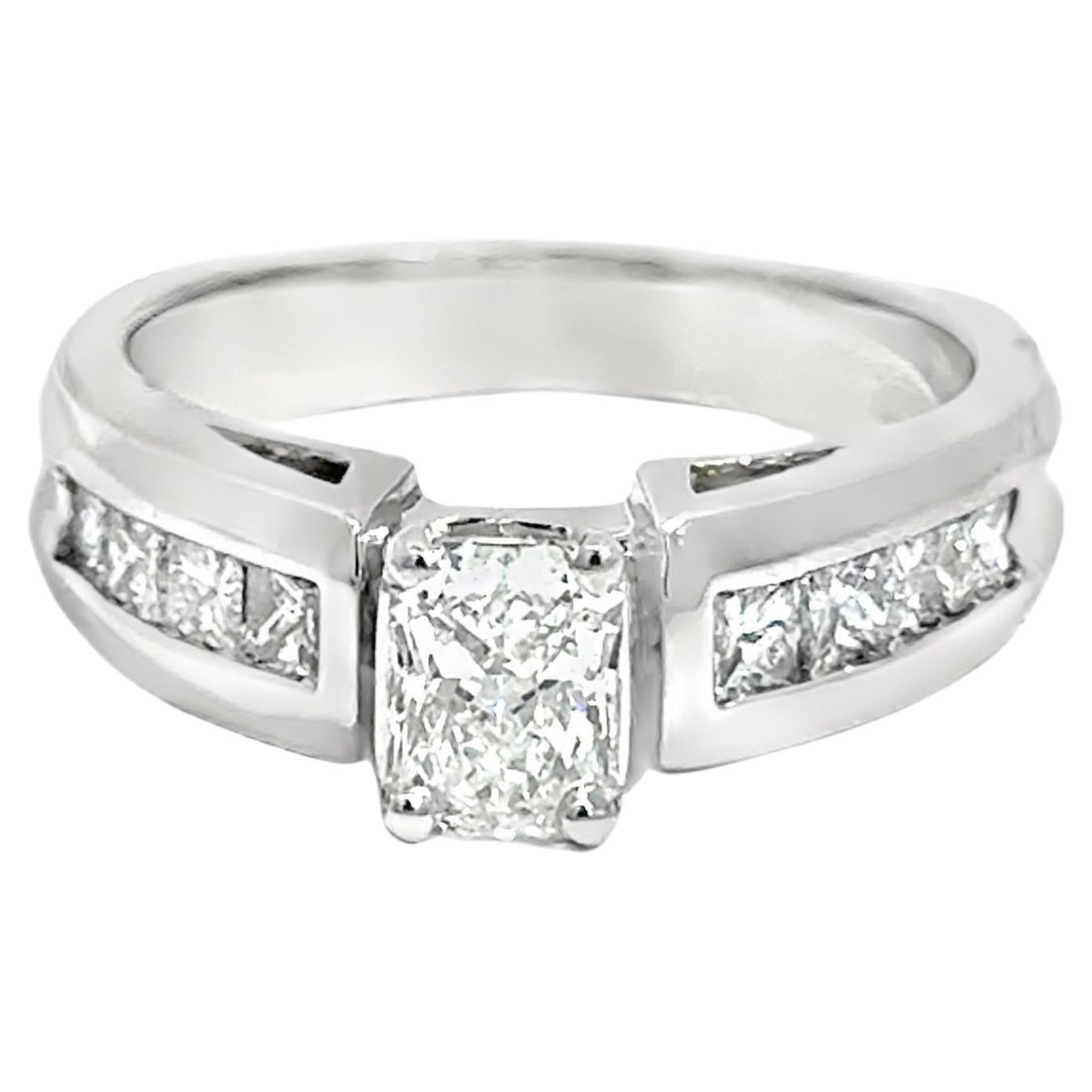 14k White Gold Emerald-Cut Diamond Ring – 0.68ct Center