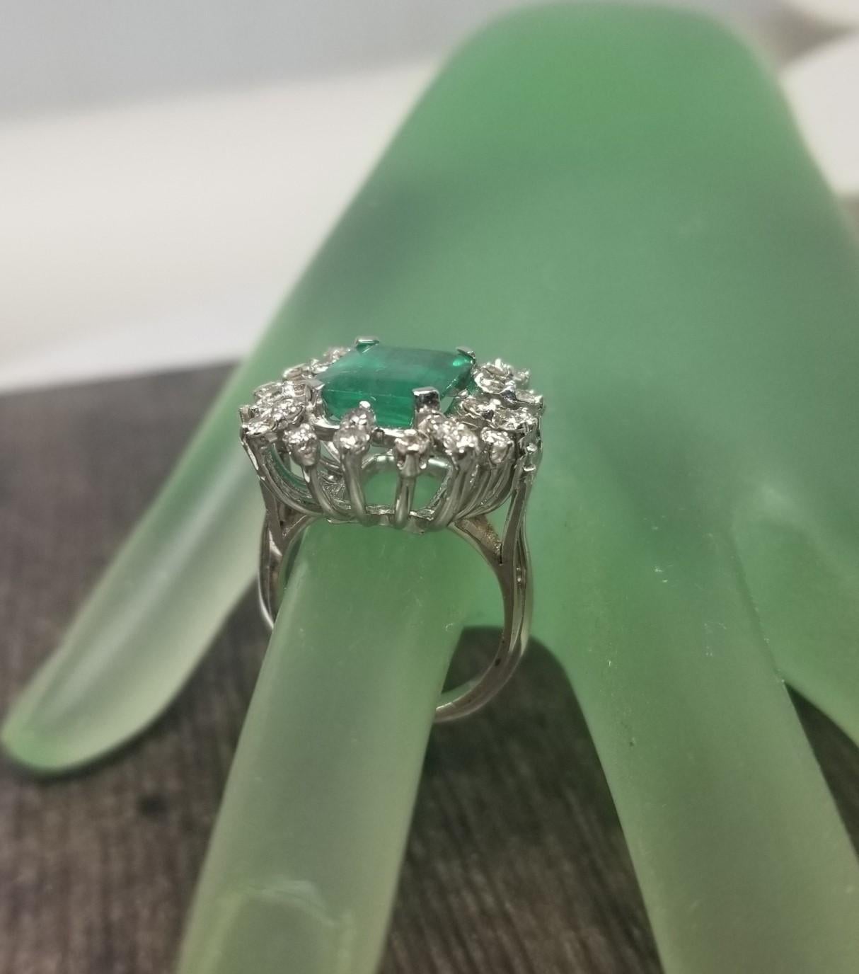 14k White Gold Emerald Cut Emerald and Diamond Cluster Ring 1