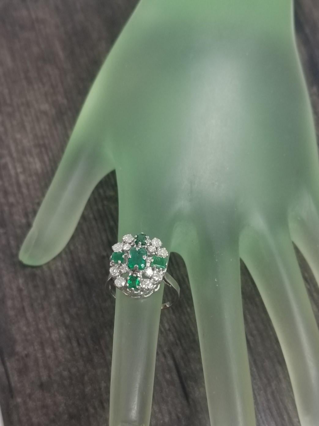 14k White Gold Emerald Cut Emerald and Diamond Cluster Ring For Sale 1