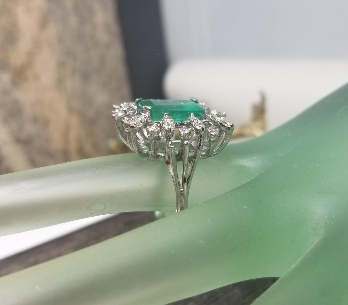 14k White Gold Emerald Cut Emerald and Diamond Cluster Ring 2