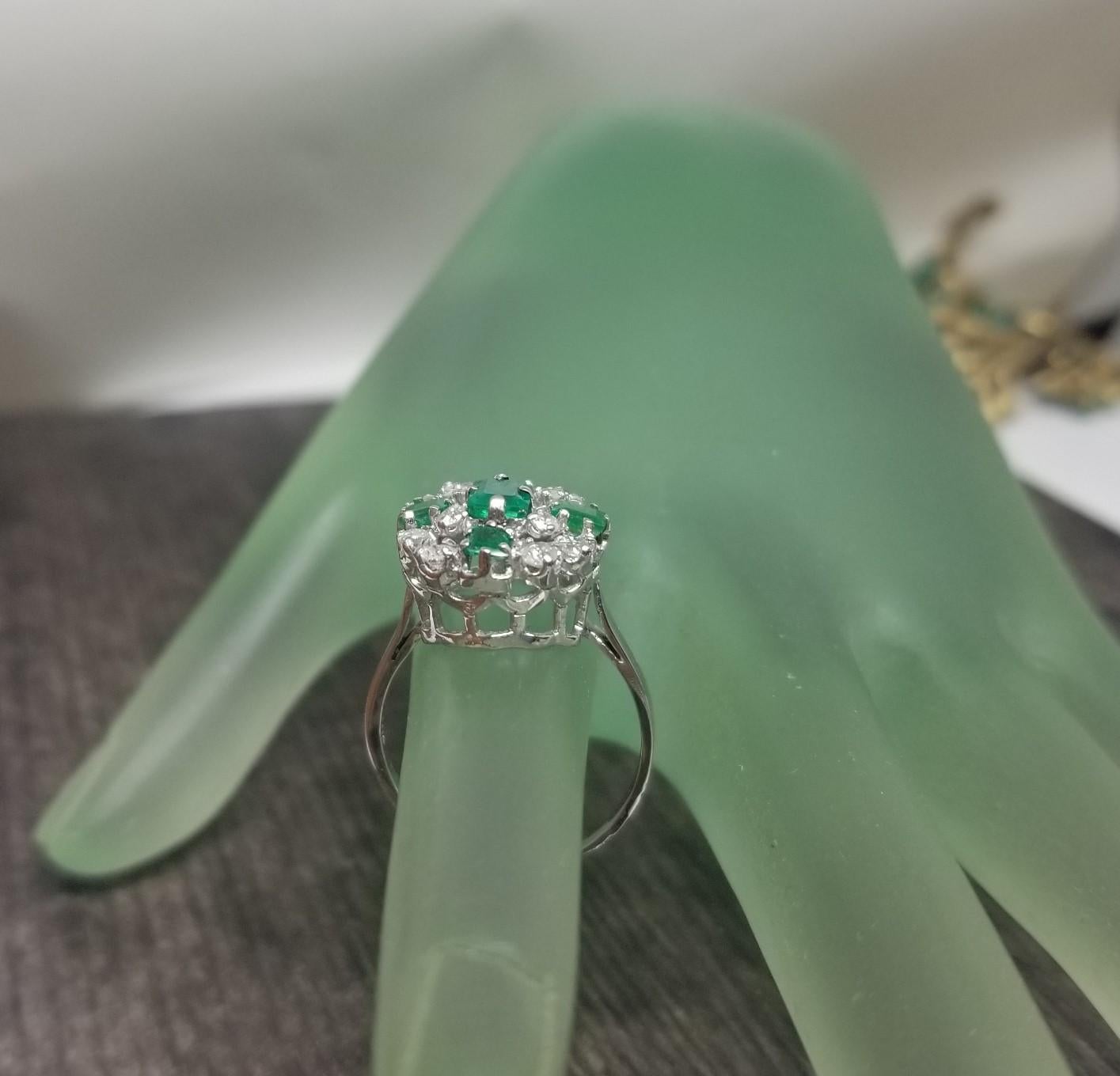 14k White Gold Emerald Cut Emerald and Diamond Cluster Ring For Sale 2